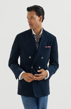 Brunello Cucinelli Sea Island cotton narrow wale corduroy one-and-a-half breasted deconstructed blazer with patch pockets in Blue at Nordstrom, Size