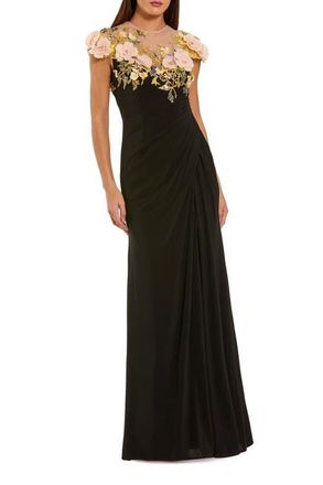 Mac Duggal Jersey Column Gown With 3D Flower Embellishments in Black Multi at Nordstrom, Size 14