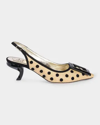 Roger Vivier 55mm Virgule Embroidered Dots Raffia and Suede Slingback Pumps