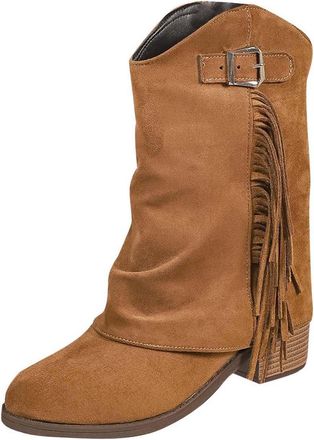 Generic Wide Calf Boots for Women Casual Tassel Fold Over Booties Solid Color Low Heel Buckle Comfortable Classic Western Boots Party Leisure