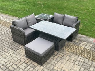 Fimous Outdoor Rattan Furniture Garden Dining Set Height Adjustable Rising lifting Table Love Sofa Set With Side Table in Dark Grey