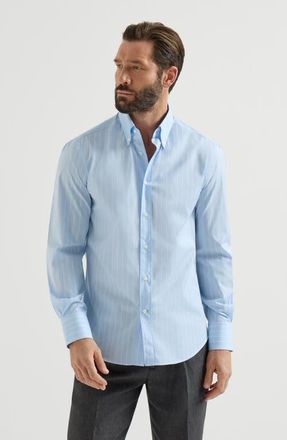 Brunello Cucinelli Striped poplin shirt in Azure at Nordstrom, Size Xxx-Large Eu