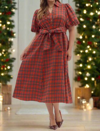 Entro Plaid Puff Sleeve Midi Dress With Waist Tie - Plus In Holiday Red