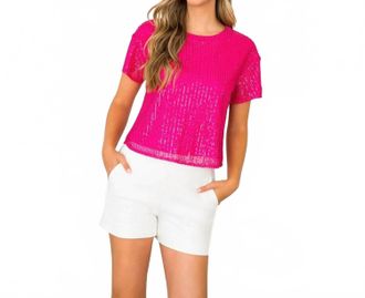 THML Clothing Sequin Short Sleeve Top In Hot Pink