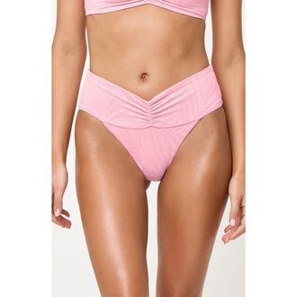L*Space Bardot Ruched Jacquard High Waist Bikini Bottoms in Pink Sugar at Nordstrom, Size X-Large