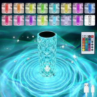 OEM L&aacute;mpara De Mesa Led De Lujo Diamond Rose, Control T&aacute;ctil, Luz Con 16 Colores Cambiantes, L&aacute;mpara De Mesa De Cristal, 16x8 Cm, Transparente