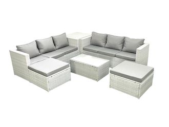 Fimous Garden Outdoor PE Rattan Furniture Set 8 Seater Rattan Garden Sofa Set with 2 Big Footstools Side Table Light Grey Mixed