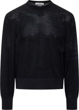 Thom Browne Round-neck Knitwear, male, Blue, Size: 2XL Wool Crepe 4-Bar Relaxed Fit Pullover
