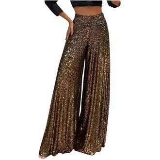 Generic SYDUZAX Women Sequin Trousers Elastic High Waisted Wide Leg Pants Sparkle Glitter Evening Prom Party Pants Shiny Palazzo Pants Pull On Loose Long Pant