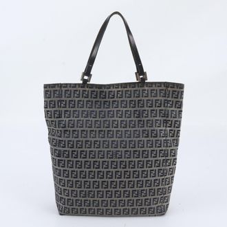 Fendi Beige Navy Leather Canvas Handbag Shoulder Bag Tote Bag (Pre-Owned)