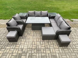 Fimous 11 Seater Rattan Outdoor Garden Furniture Sets Height Adjustable Rising lifting DiningTable Sofa Set with Reclining Chair in Dark Grey