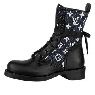 Louis Vuitton (WMNS) LOUIS VUITTON LV Metropolis Flat Ranger Boots Black with Denim Monogram 1A9RPZ