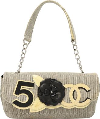Chanel Camellia No.5 Flap Bag Canvas Gray Canvas Bag (Pre-Owned)