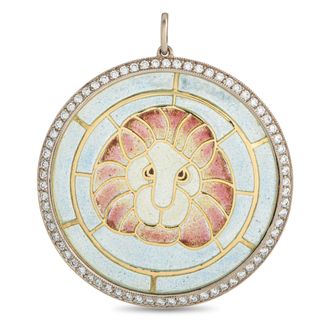 Luxury Bazaar 18K Yellow Gold Diamond Plique-Jour Lion Pendant MF07-050726