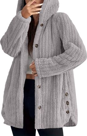 Generic Womens Fleece Hoodie Fluffy Jacket Full Zip Long Sleeve Button Front Loose Fit Outerwear Teddy Bear Hoodies Winter Warm Sweatshirt Long Sleeve Hooded 