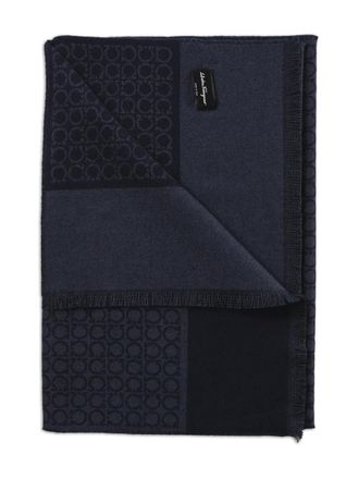 Ferragamo logo-pattern fringed scarf - men - Wool - One Size - Blue