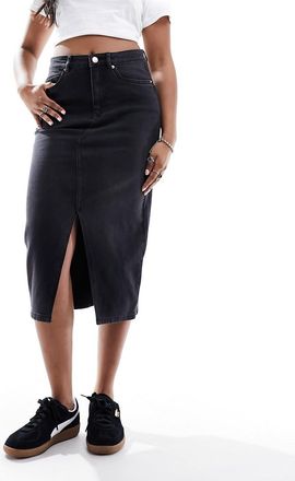 Vero Moda denim midaxi skirt with front split in washed black