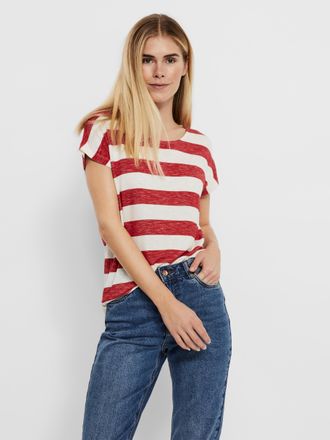 Vero Moda Kurzarmshirt VERO MODA VMWIDE STRIPE SL TOP GA JRS NOOS, Damen, Gr. XL, goji berry stripes:snow wei&szlig;, Jersey, Obermaterial: 96% Viskose, 4% Elasthan, 