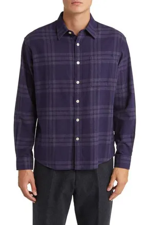 Nn.07 Deon 5465 Plaid Organic Cotton Flannel Button-Up Shirt in Navy Check at Nordstrom, Size X-Large