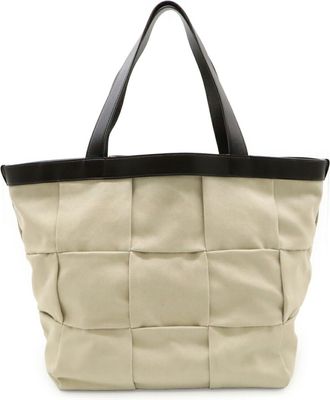 Bottega Veneta Beige Dark Brown Grayish Canvas Leather Tote Bag (Pre-Owned)