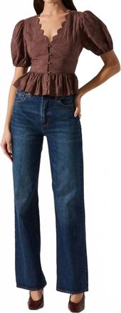 Astr Arely Scalloped V-Neck Peplum Top In Brown