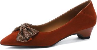 TinaCus Soft Suede Leather Handmade Bowknot Womens Pointed Toe Low Heels Cute Pumps Shoes, Brick-red, 7.5 UK
