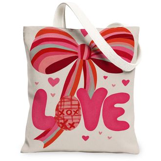 Generic ValentineS Day Love Canvas Tote Bags, Cute Bow Heart Pattern Reusable Grocery Bags, Lightweight Washable Shoulder Strap Ca, Peach, 13x15 Inch