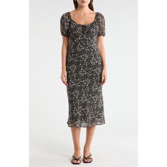 Melrose and Market Short Sleeve Chiffon Midi Dress in Black Ivory Jules Floral at Nordstrom Rack, Size X-Small