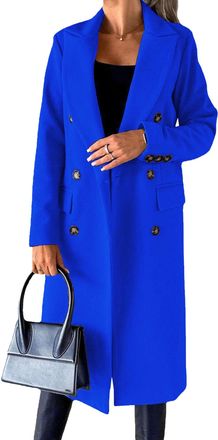 Generic Womens Mid-Long Wool Trench Coat Notched Lapel Double Breasted Wool Blend Overcoat Winter Coats for Women, Dark Blue, XL