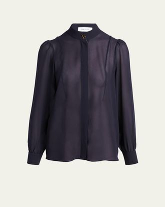 Alexander McQueen Wishbone-Button Silk Chiffon Button-Down Blouse