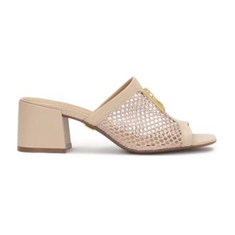 Kazar Muiltjes op brede hak met luchtig mesh materiaal - Dames - Muiltjes - Beige - 39 EU - Leer - Schoenen