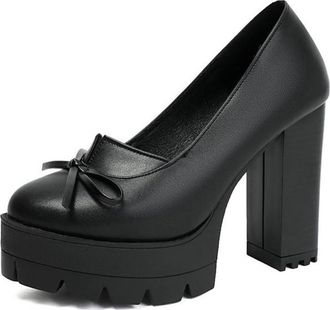 Generic Womens Fashion Platform Block Heels Pumps Bowknot Closed Round Toe Casual Dress Shoes for Office Work or Evening (Black (PU),5.5)