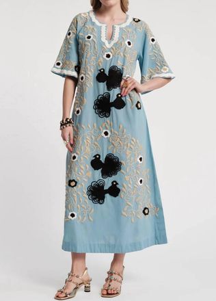 Frances Valentine Embroidery Cotton Caftan In Light Blue Peacock