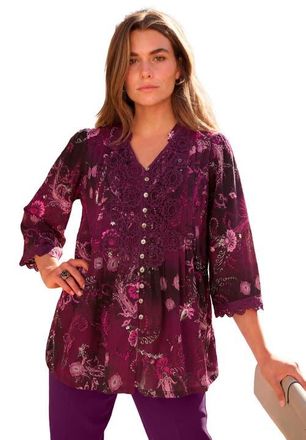 Roaman's Plus Size Juliet Lace Trim Button-Down Shirt in Dark Berry Intricate Paisley at Nordstrom, Size 44