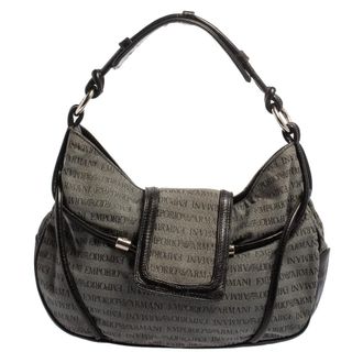 Emporio Armani Black/grey Monogram Canvas And Leather Hobo
