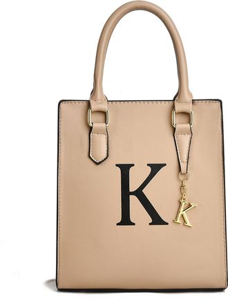 I Ihayner Women Tote Bag Personalized Initial Top Handle Bag for Women Small Leather Handbags with Letter Pendant, Khaki-k, Medium
