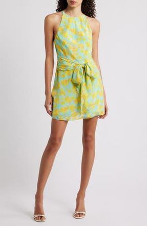 Amanda Uprichard Selah Floral Print Tie Waist Minidress in Narcissus Print Blue at Nordstrom Rack, Size X-Large