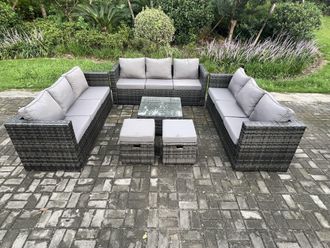Fimous Outdoor Rattan Garden Furniture Set 11 Seater Patio Lounge Sofa Set with Square Coffee Table 2 Small Footstool in Dark Grey