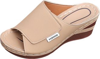 Generic Thick Soled Casual Slippers For Women Open Toed Solid Color Sandals for Women Low Heel Comfortable Platform Sandals Outdoor Wedges Shoes (Khaki, 10.5)