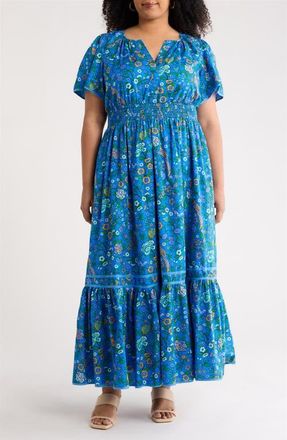 Sugarlips Sendra Floral Cotton Maxi Dress in Blue-Greens at Nordstrom, Size 3X