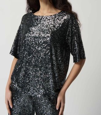 Joseph Ribkoff Sequin Dolman Sleeve Boxy Top In Black Grey