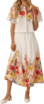 Entro Floral Button Up Top With Skirt Set In White