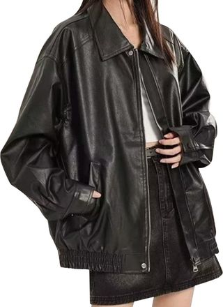 Generic Womens Fashion Long Sleeve Oversized Leather Jacket Vintage Button Zip Up Leather Jacket with Pocket Casual Loose Fit Black Plus Size Long Sleeve Faux