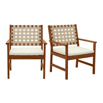 Miliboo Miliboo - Set De 2 Sillones De Jard&iacute;n De Madera Maciza Con Coj&iacute;n Blanco Y Cinchas Beige Santana