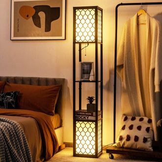 Costway Floor Lamp Wooden Shelf Standing Light w/Dual Switch & Fabric Lampshades Modern - Costway