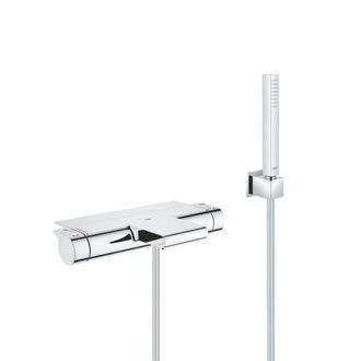 GROHE Conjunto Ba&ntilde;o/ducha Con Mezclador Termost&aacute;tico Cascada + Teleducha Stick 1 Chorro, Soporte Mural, Flexible, Cromo (34467001-cube