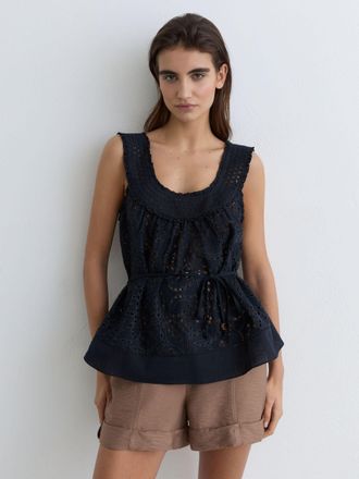 Reiss Navy Cotton Broderie Anglaise Cami Top, 12