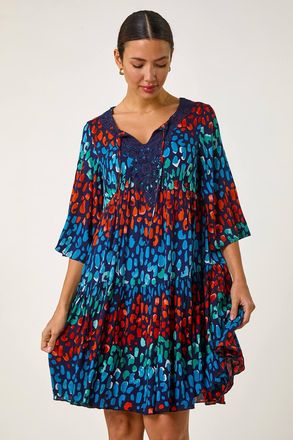 Roman Abstract Spot Print Lace Trim Dress