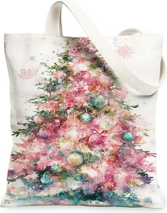 Generic Christmas Tree Canvas Tote Bags, Artistic Floral Pattern Reusable Grocery Bags, Vintage Lightweight Washable Shoulder Strap, White, 13x15 Inch