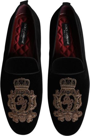 Dolce & Gabbana Black Velvet Gold Crown Mens Loafers Shoes Cotton